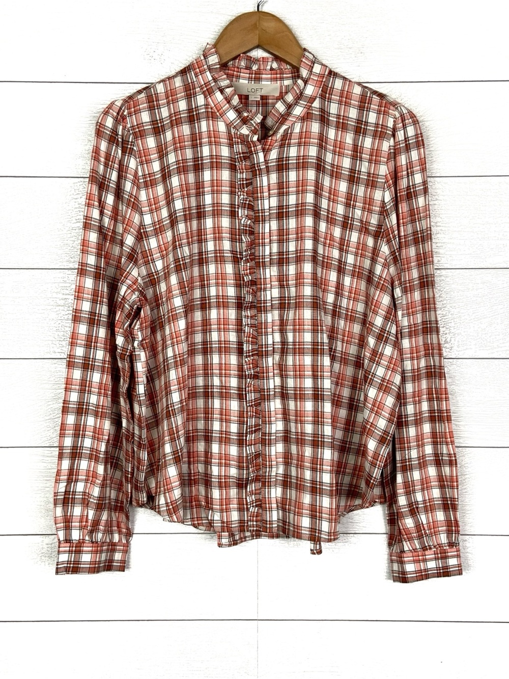 NWT LOFT Plaid Ruffle Trim Long Sleeve Button Up Shirt Red Salmon Large Fall